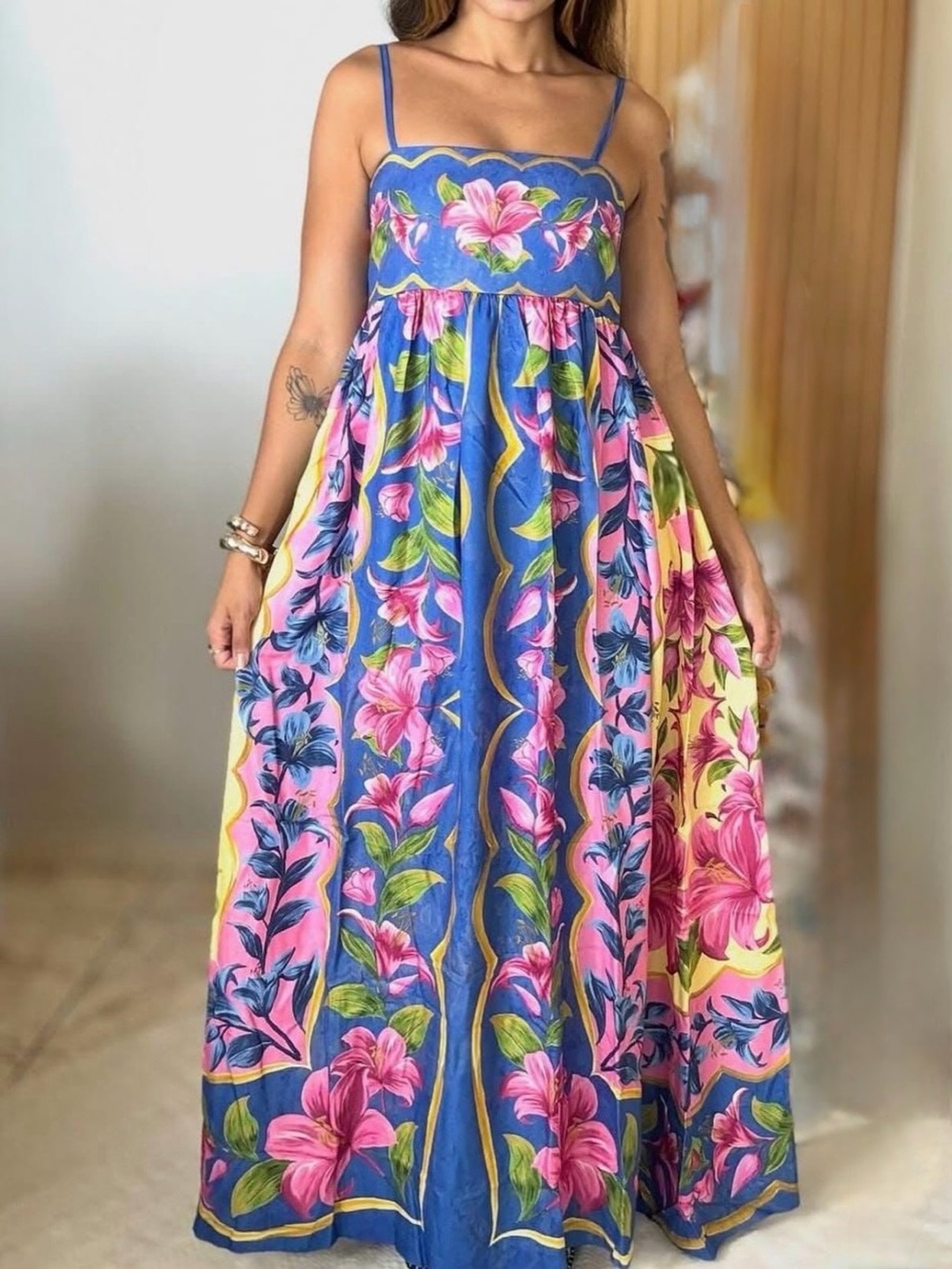 FARM Rio Blue Maxi Dress with Pink Floral Print Size M